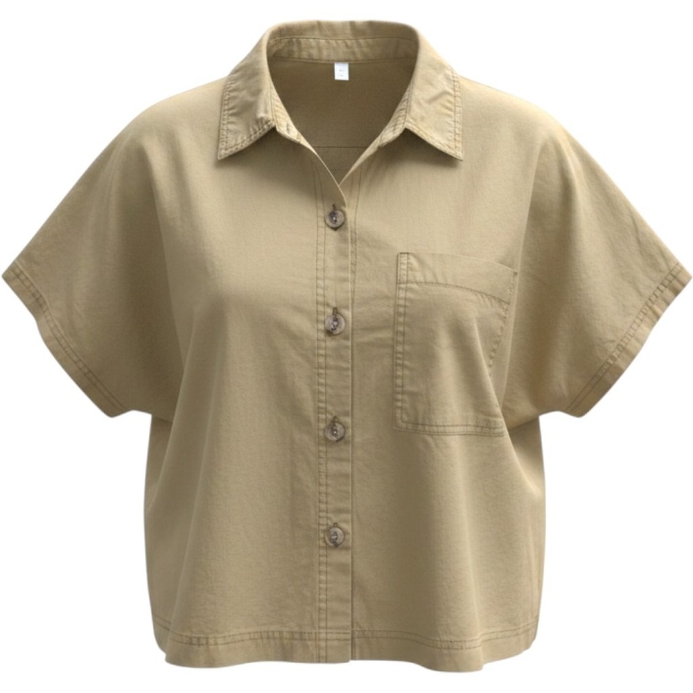 Future Collective Button Down Shirt Women 1X Khaki NEW Cotton Short Sleeve Boxy